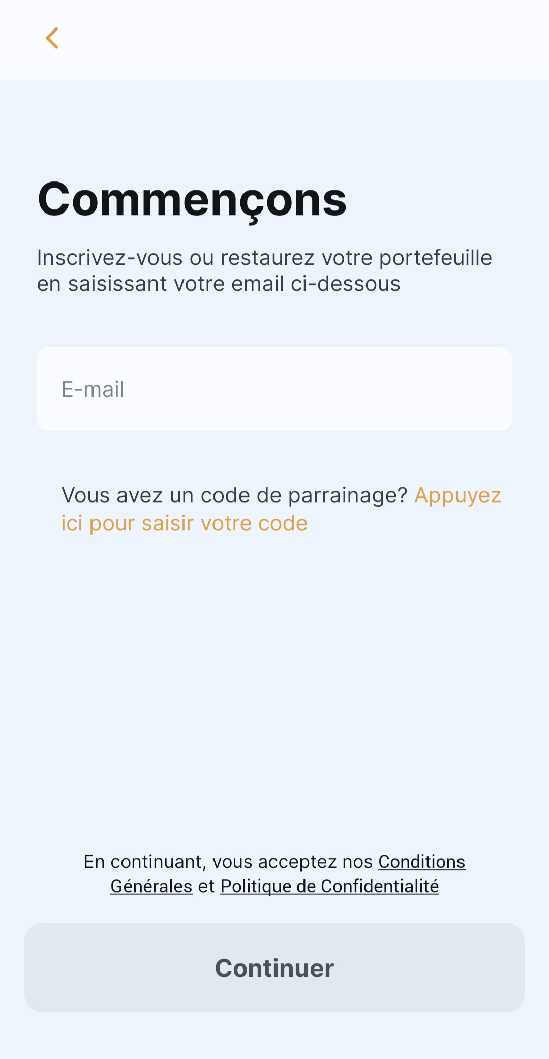 Indiquez votre adresse e-mail pour créer votre portefeuille Zengo Wallet.