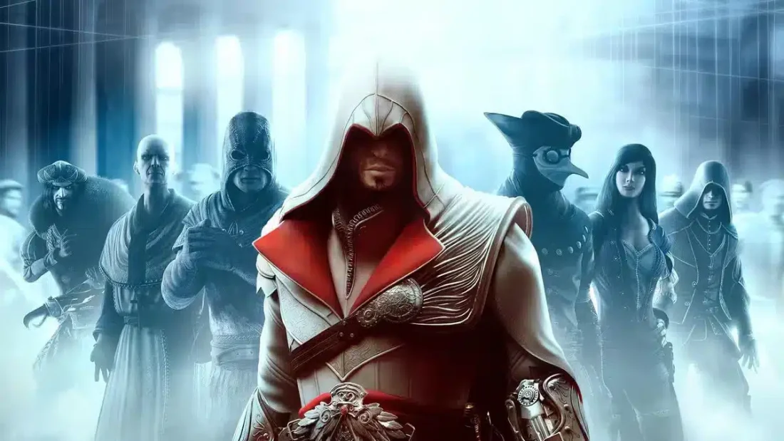 Ezio se tient devant un groupe d'assassins formant la confrérie - Source : Ubisoft