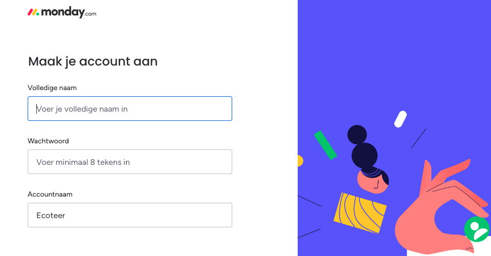stap 2, maak een account aan op monday.com