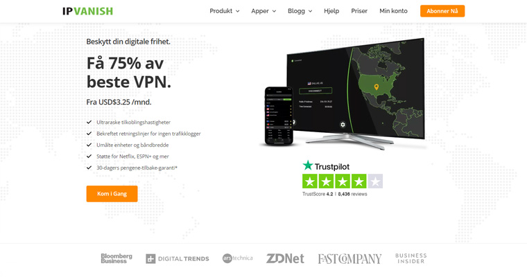 IPVanish VPN nettside