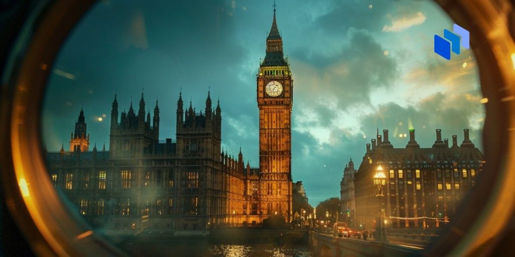 Big Ben i London på kveldstid sett gjennom et vindu