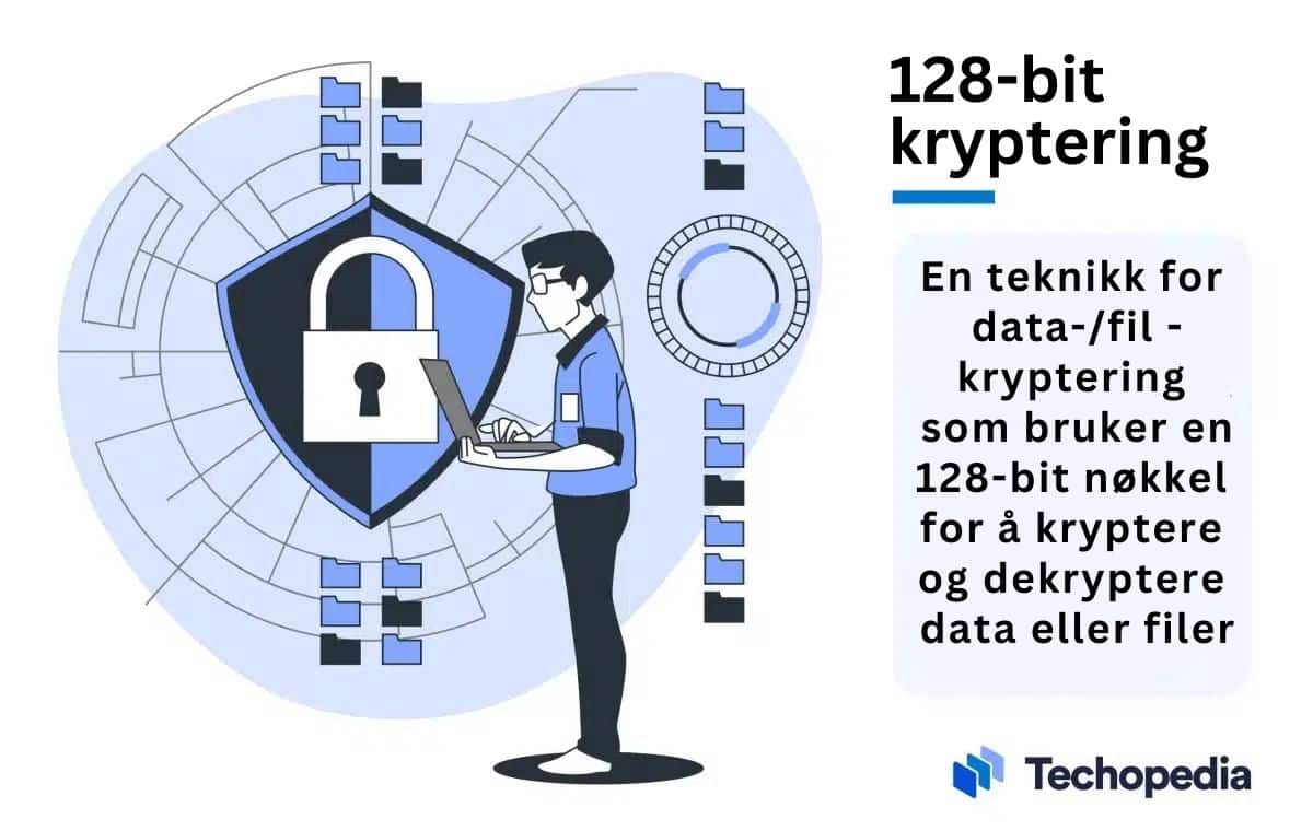 En tekstboks som forklarer 128-bit kryptering ved siden av en person som jobber på en datamaskin med kryptering illustrert med en bakgrunn av en hengelås over filer