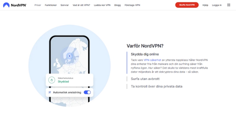 Startsida för NordVPN i Sverige