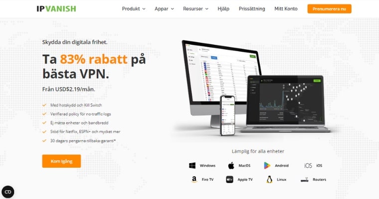 Startsida för IPVanish med appen nedladdad på dator och mobil.