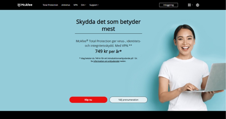 Startsida för McAfee antivirusprogram i Sverige