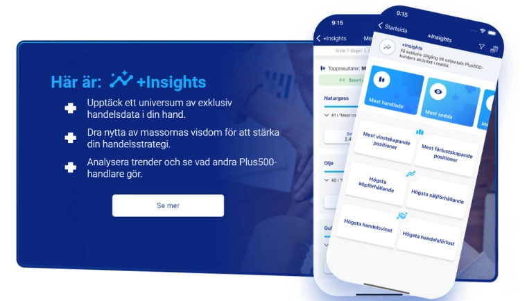 Plus500 Insights visar exklusiv handelsdata med trender och strategier från andra handlare, visualiserad på mobilskärmar.