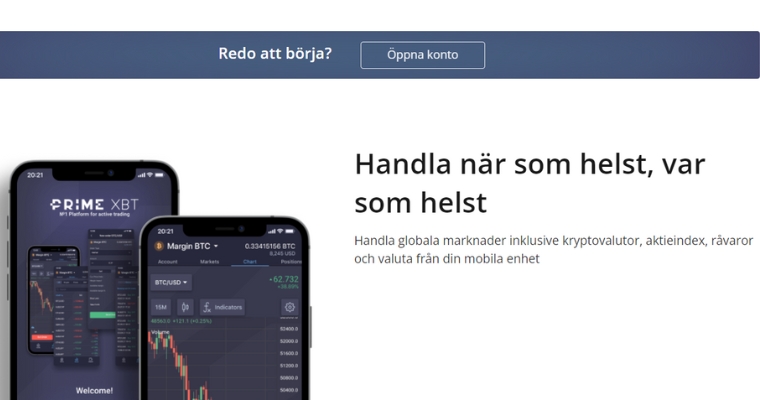 PrimeXBT Hemsida med mobilapp samt plattform för kryptovalutor