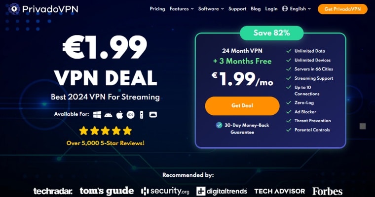 Startsida för PrivadoVPN i Sverige.