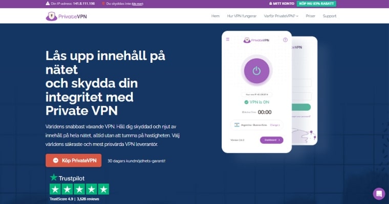 Startsida för Private VPN på svenska.