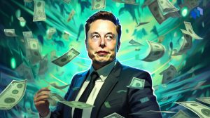 Illustration av Elon Musk omgiven av pengar