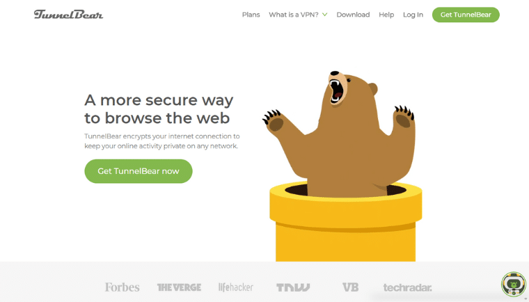 TunnelBear VPN hemsida med björn som dyker upp ur rör