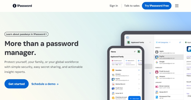 Hemsida för 1Password lösenordshanterare