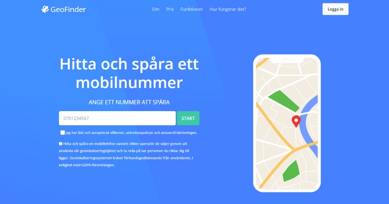 Hemsida för gratis spionappen GEOfinder