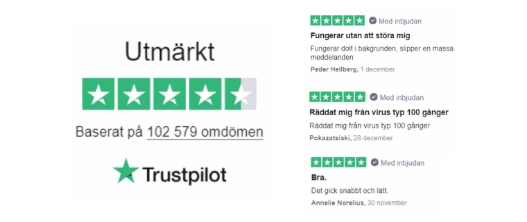 TotalAV betyg på Trustpilot och tre recensioner