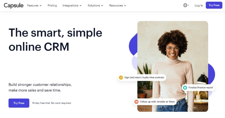 Startsida för Capsule CRM plattform.