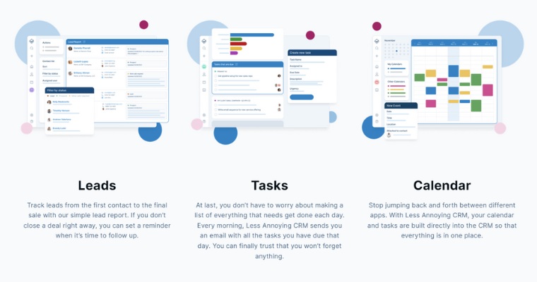 Inkluderade funktioner för Less Annoying CRM.