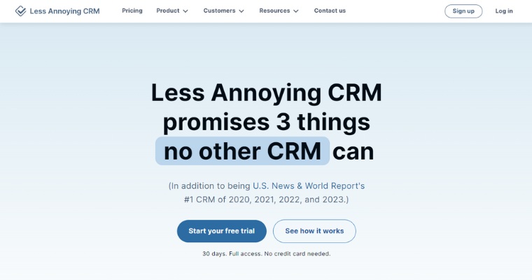 Startsida för CRM-plattformen Less Annoying.