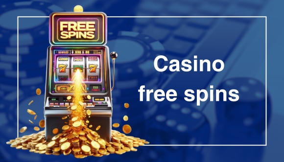 Logo för artikel om casino free spins med spelautomat som väller ut vinstpengar