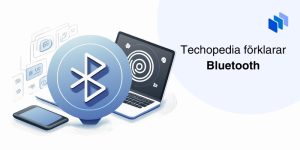 Illustration av en Bluetooth-symbol framför en laptop och en smartphone med texten Techopedia förklarar Bluetooth.