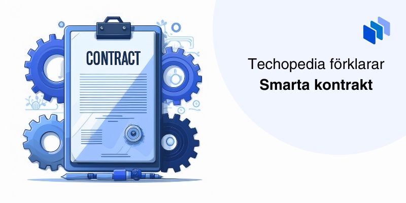 Illustration av ett kontrakt omgivet av kugghjul, representerar smarta kontrakt.