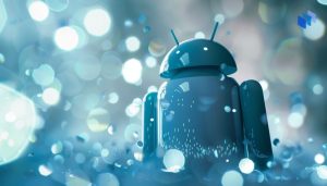 Android-robot på en bakgrund med ljusa, blå bubblor och digitala effekter.