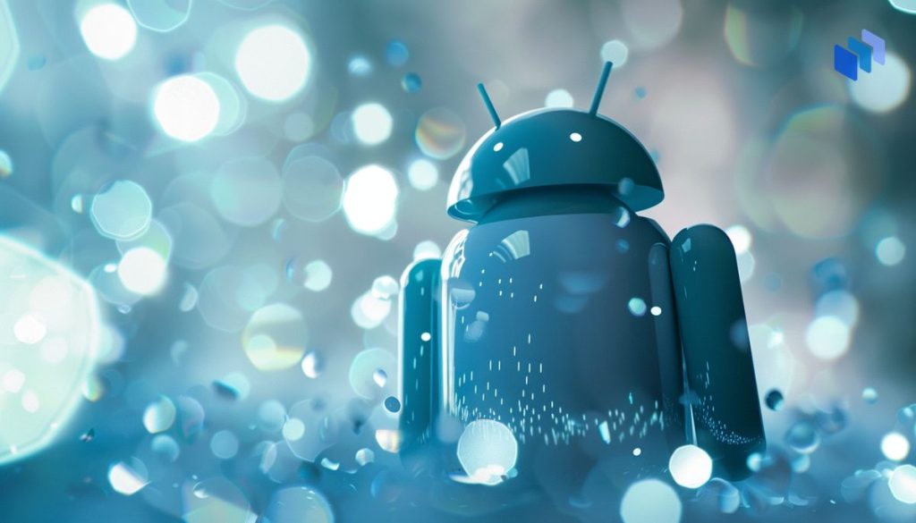 Android-robot på en bakgrund med ljusa, blå bubblor och digitala effekter.