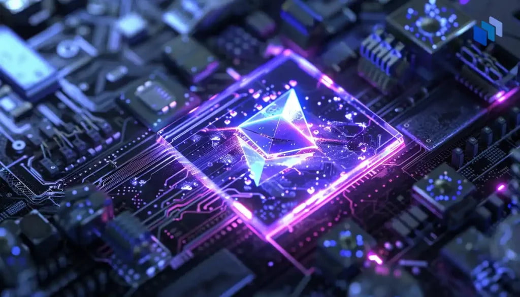 Illustration av ett Ethereum-chip på ett futuristiskt moderkort med neonljus, som symboliserar kryptovalutateknologi.