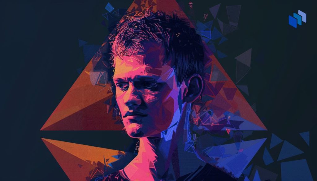 Illustration av Vitalik Buterin mot en geometrisk bakgrund i färgglada nyanser av lila, blått och orange.