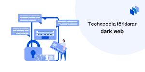 En illustration som visar Techopedia förklara dark web med ikoner för säkerhet och finansiella transaktioner i bakgrunden.