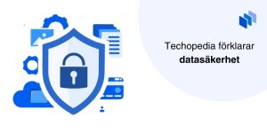 Sköld med ett lås framför olika ikoner relaterade till teknik, med texten Techopedia förklarar datasäkerhet.