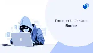 En maskerad person vid en laptop som symboliserar en booter-tjänst, vilken används för att utföra DDoS-attacker.