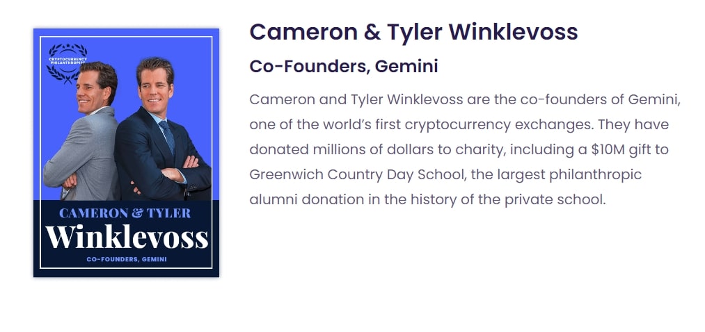 Beskrivning av Cameron och Tyler Winklevoss gällande deras donering till Greenwich Country Day School.