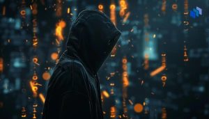 En siluett av en person i hoodie mot en digital bakgrund med flytande orange kod som symboliserar cybersäkerhet och kryptovalutor.