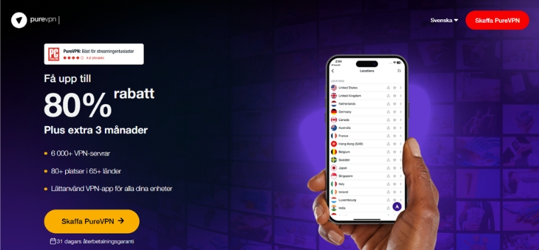 Startsida för PureVPN i Sverige.