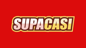 Supacasi logo med röd bakgrund.