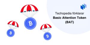 Tre symboler för Bitcoin med fallskärmar representerar Basic Attention Token (BAT) och dess förklaring enligt Techopedia.