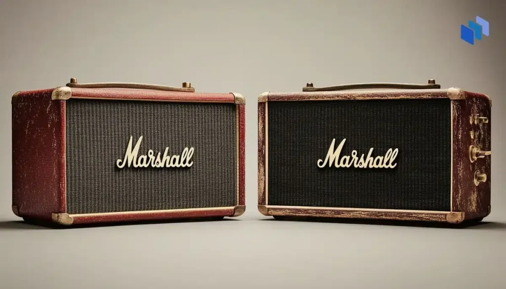 Två bärbara Marshall-högtalare i vintagestil, med röd och brun sliten finish, placerade bredvid varandra.