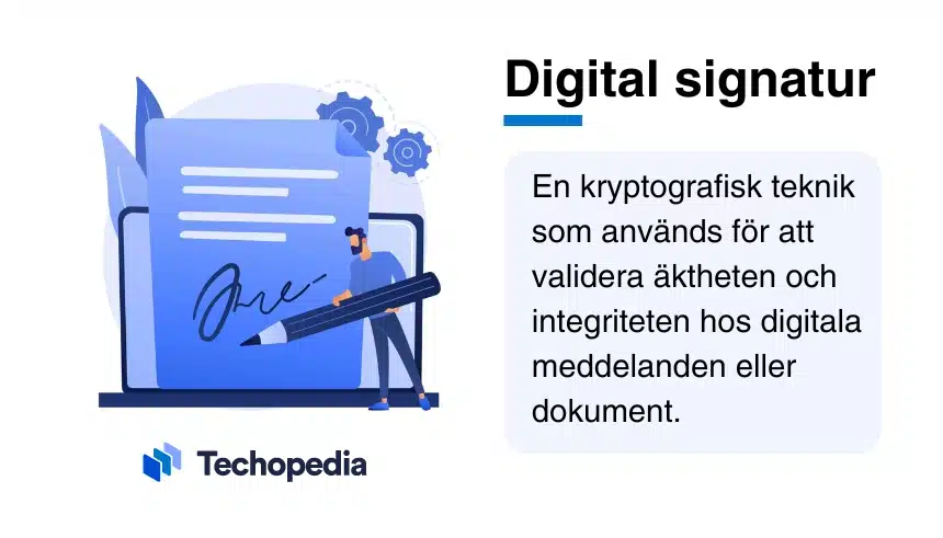 En illustration som visar en person som signerar ett digitalt dokument med en förklaring av vad en digital signatur är.