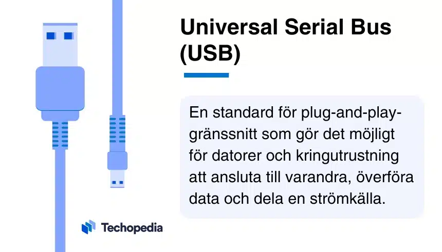 En illustration av en USB-kabel med en förklaring av USB som ett plug-and-play-gränssnitt för dataöverföring.