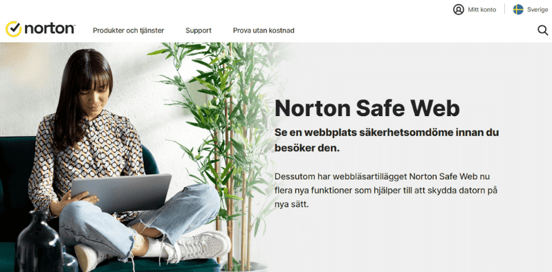 Skärmbild på Norton Safe Web startsida i Sverige.