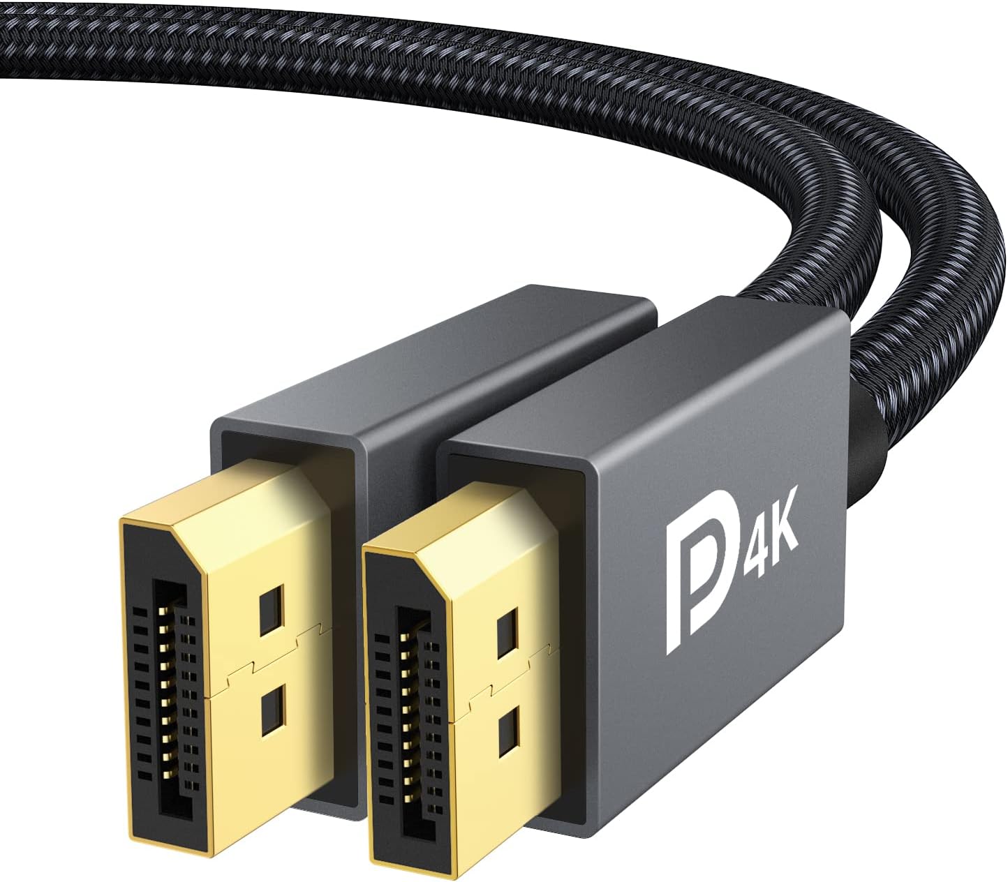 DisplayPort-kabel med stöd för 4K-upplösning, guldkontakter och robust flätad design för säker anslutning.