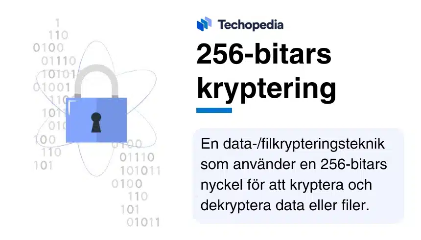 Illustration av ett hänglås brevid en kort förklaring av vad 256-bitars kryptering är.