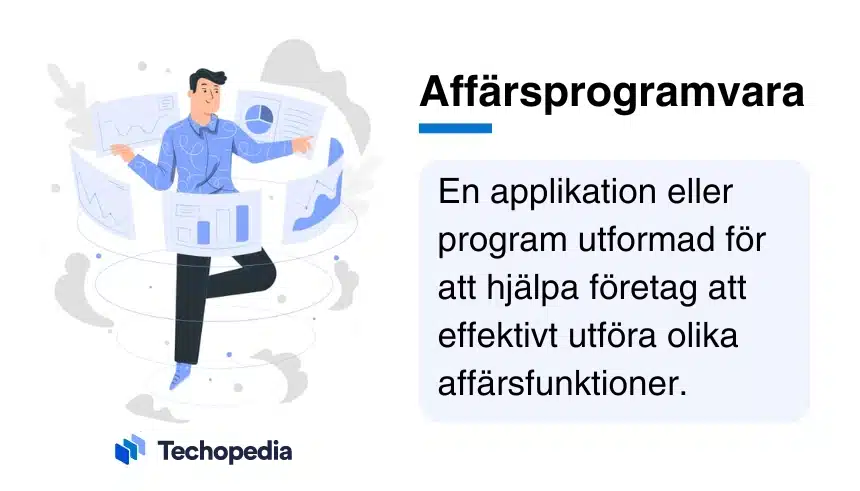 "Techopedia förklarar affärsprogramvara med en illustration av en person som arbetar med datorer och olika tekniska system.