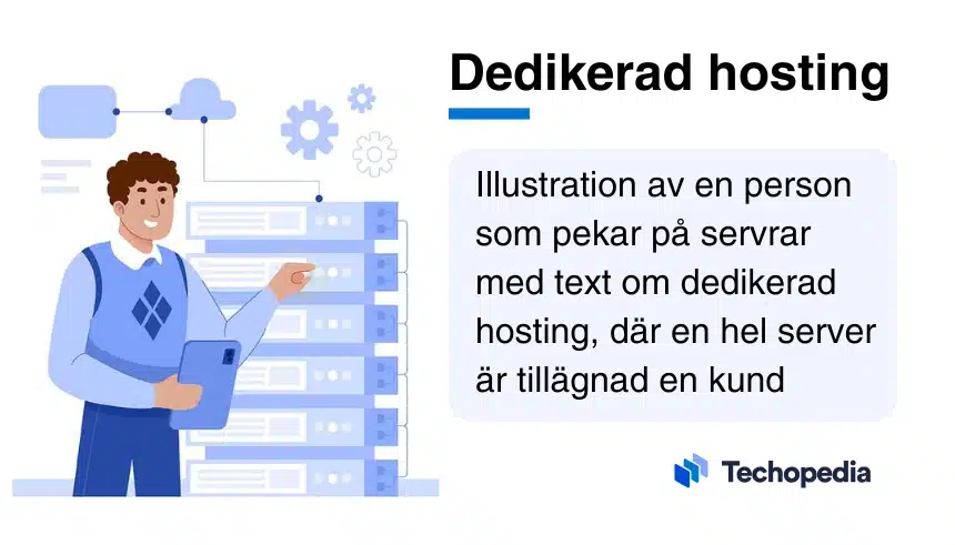 "Illustration av en person som pekar på servrar med texten om dedikerad hosting och dess förklaring från Techopedia.