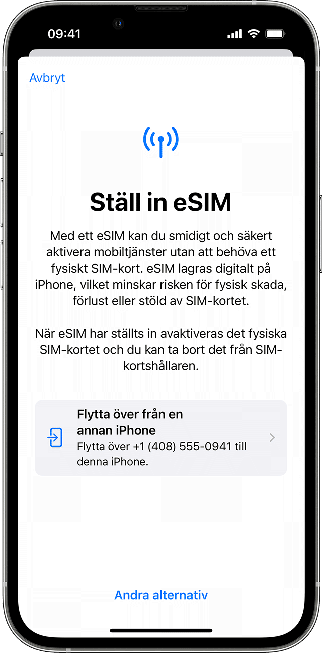  Inställningsskärm för eSIM på iPhone som visar information om hur man aktiverar ett eSIM och överför från en annan iPhone.