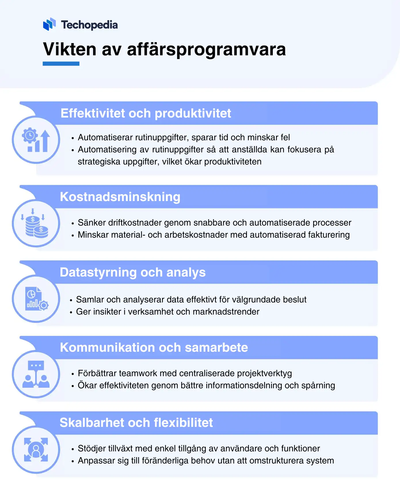 Infografik som visar vikten av affärsprogramvara, med fördelar som effektivitet och kostnadsminskning.