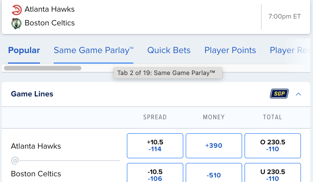 fanduel same game parlay not working