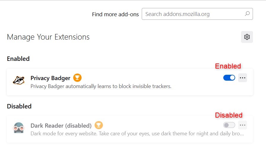 Extensions activées et désactivées dans Firefox