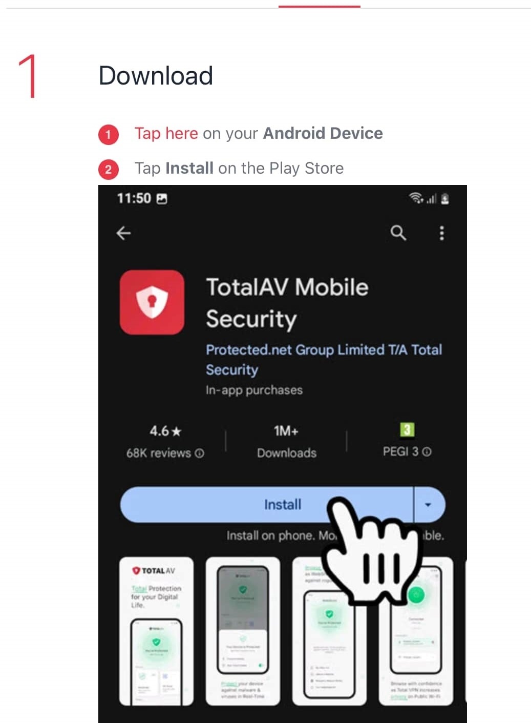 Page de destination de TotalAV Setup avec une image de l'application TotalAV dans le Google Play Store.
