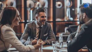 A group of colleagues talking while having business meeting